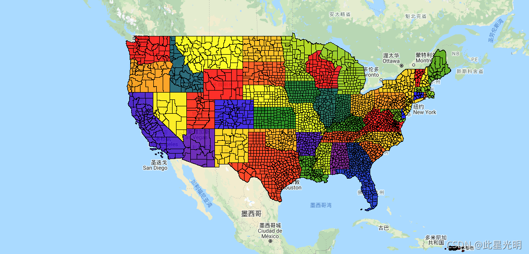 Google Earth Engine——美国人口普查局的TIGER数据集包含美国各州主要法律部门的2018年边界。在大多数州，这些实体被称为 “县“。在路易斯安那州，这些州被称为 “教区“。