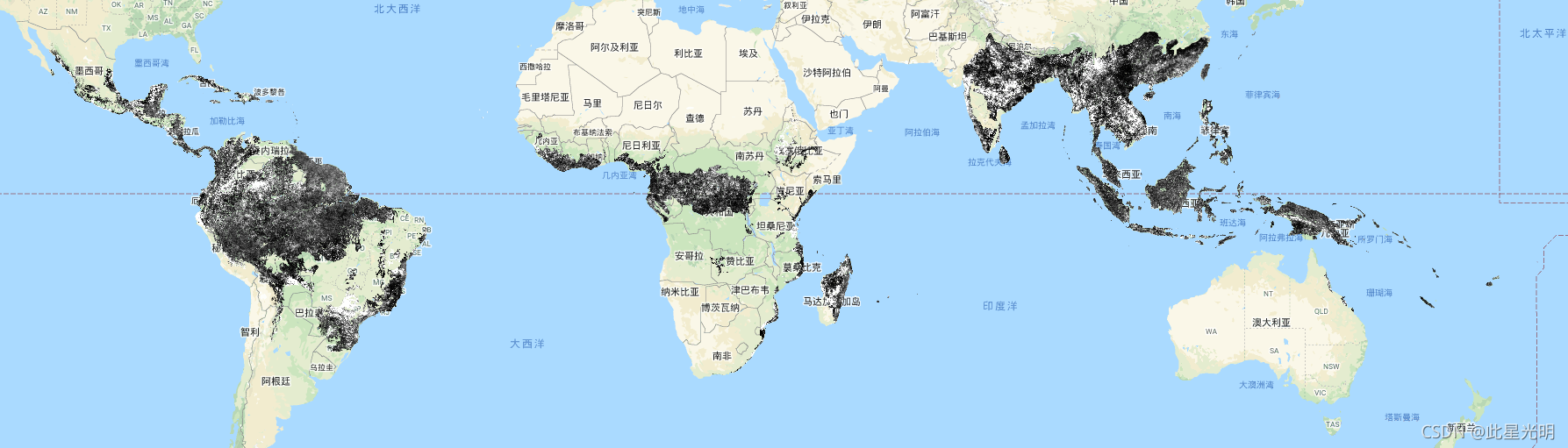 Google Earth Engine——植被统计数据集中的图像包含用于计算NTT的 “反转校正t统计“，NTT是由MODIS NDVI得出的植被颜色指数，FORMA用来测量褐化。