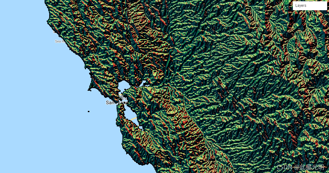 Google Earth Engine——WWF/HydroSHEDS/30DIR该数据集的分辨率为30弧秒。30角秒的数据集是水文条件下的DEM、排水（流）方向和流量累积。1km分辨率DEM