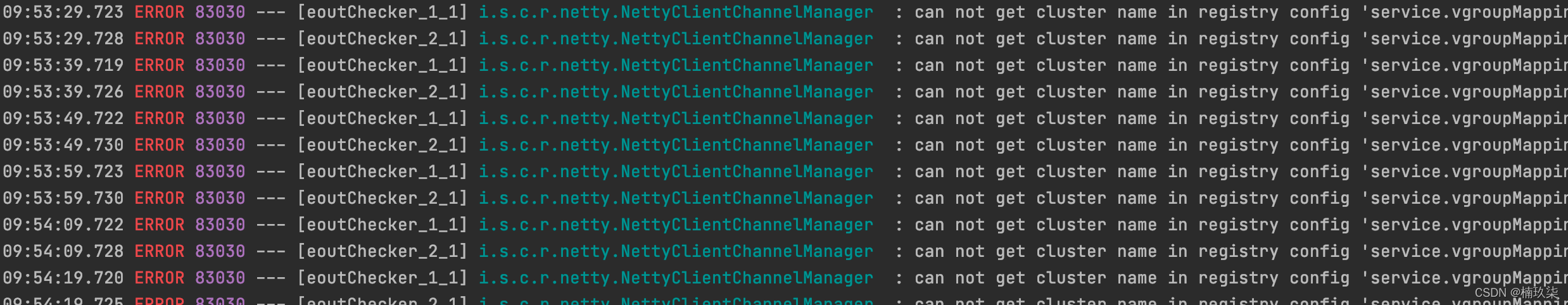 can not get cluster name in registry config ‘service.vgroupMapping.xx‘, please make sure registry