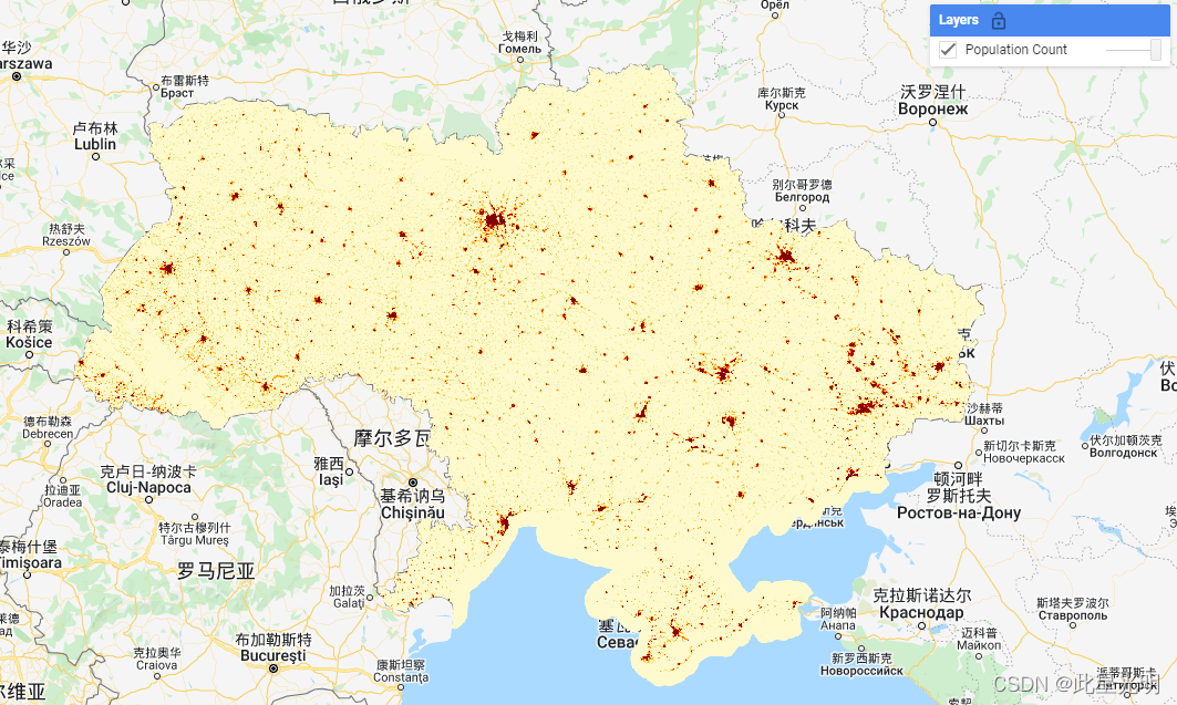 Google Earth Engine（GEE）——2022年1月乌克兰的LandScan高清晰度人口数据集