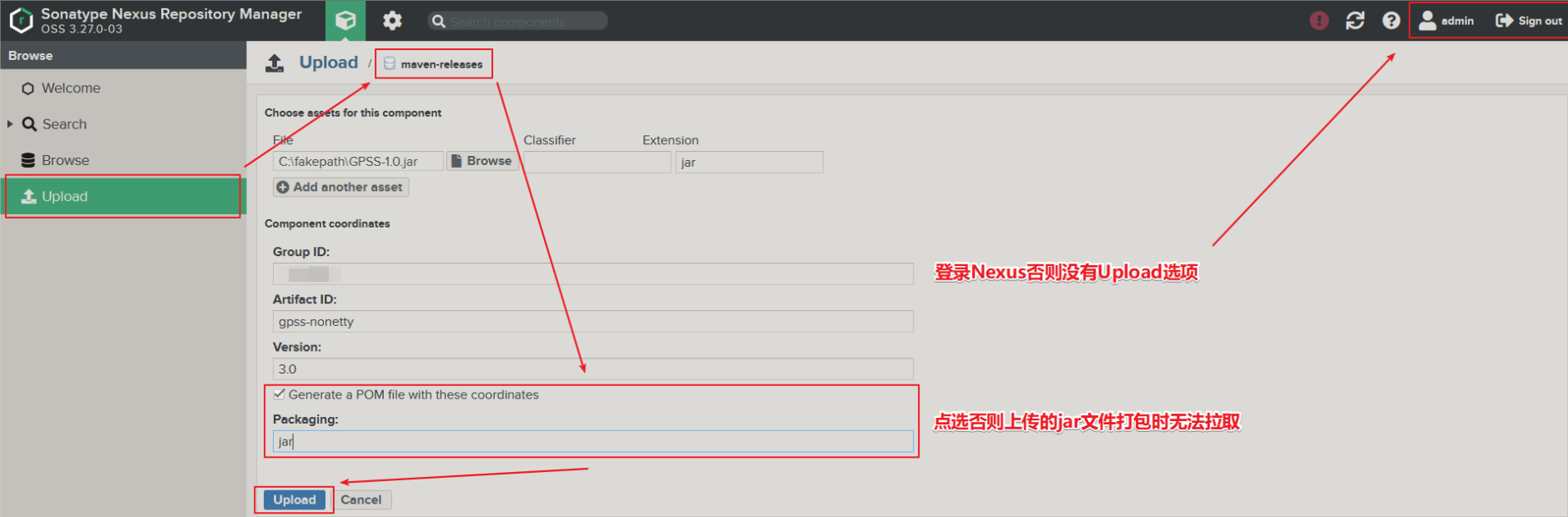Nexus【应用 01】上传jar包到私有Maven仓库的两种方法：手动 Upload 和 mvn deploy 命令（配置+操作流程）