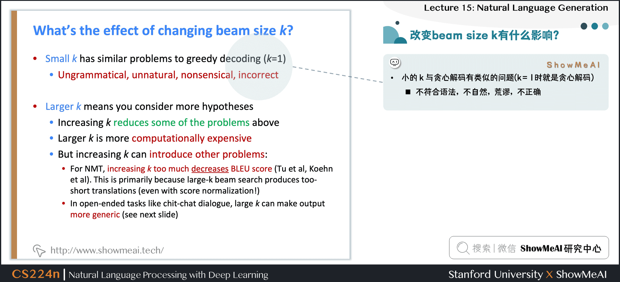 改变集束搜索beam size k有什么影响？