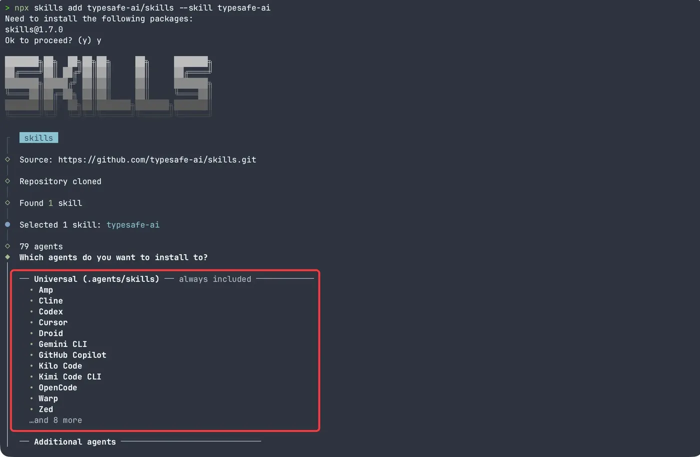 通过 npx skills 安装 TypeSafe 技能