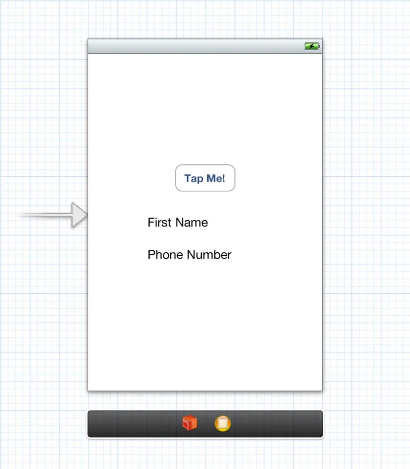 A window in Interface Builder with a button in the center, titled "Tap Me!", and two text labels below it that say "First Name" and "Last Name".