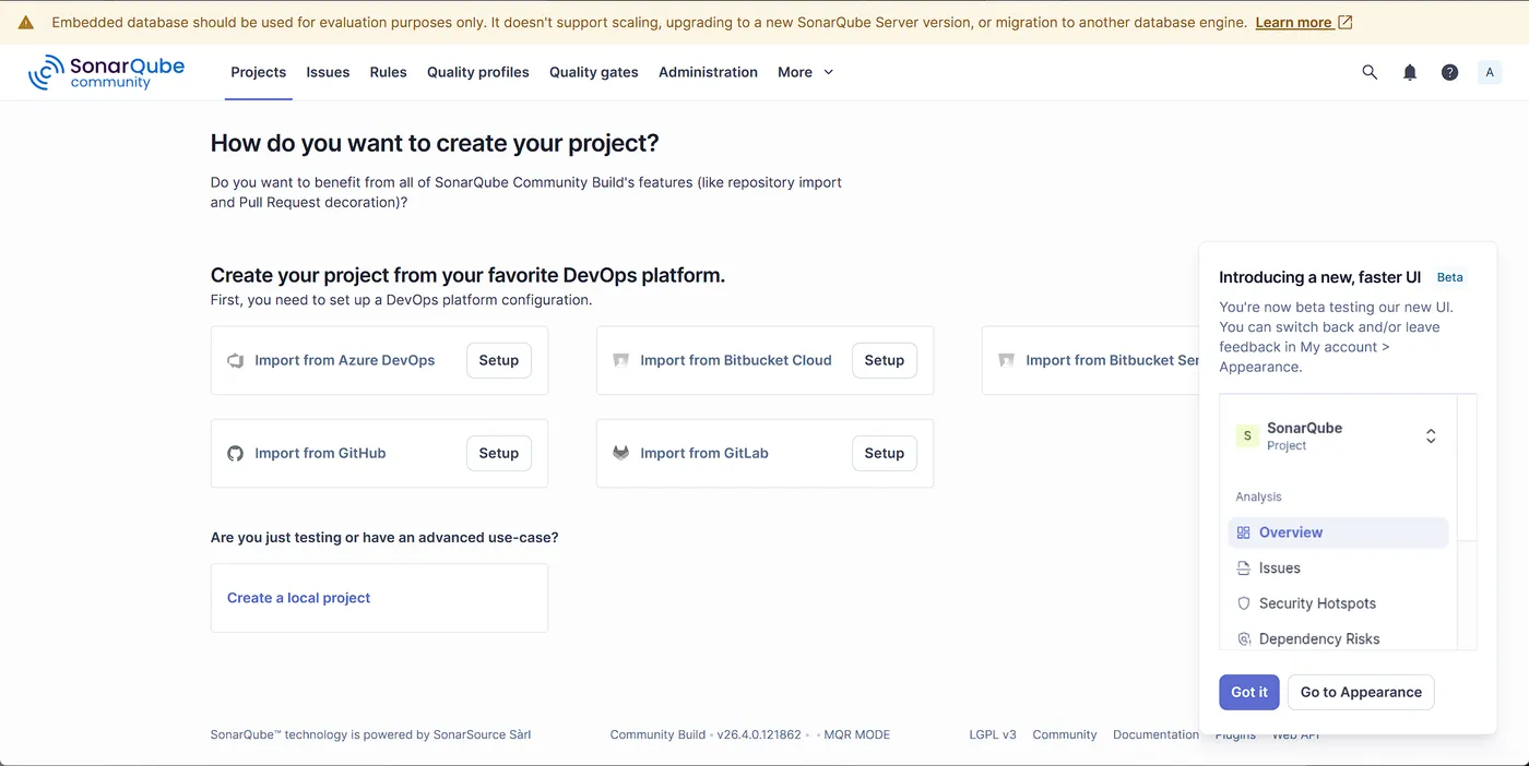 SonarQube的创建项目界面