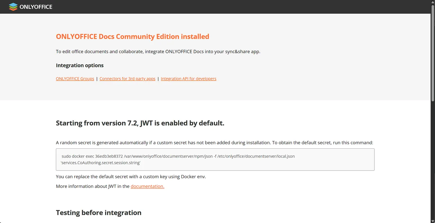 ONLYOFFICE 欢迎页：Community Edition 安装成功，含 JWT 说明
