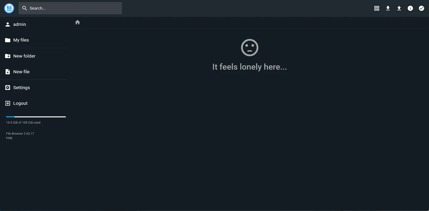 File Browser 登录后主界面：空目录与左侧导航，版本 2.63.17