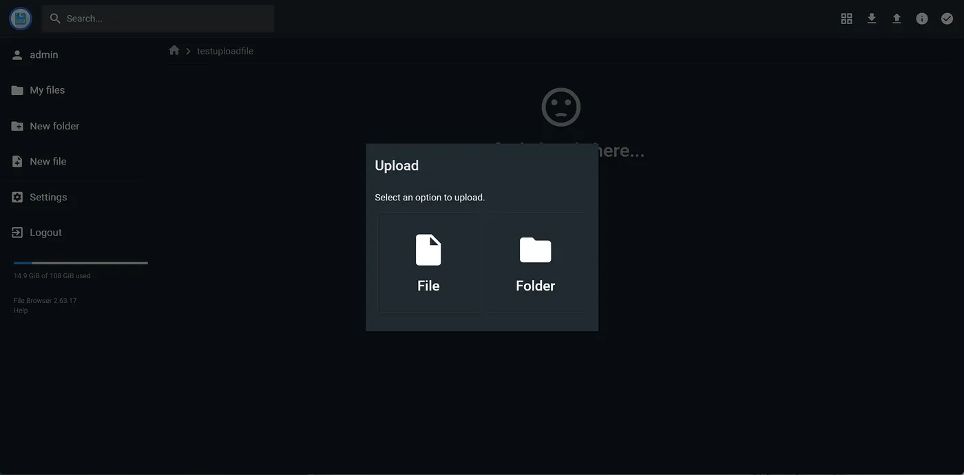 File Browser 上传弹窗：选择 File 上传单个文件或 Folder 上传整个目录
