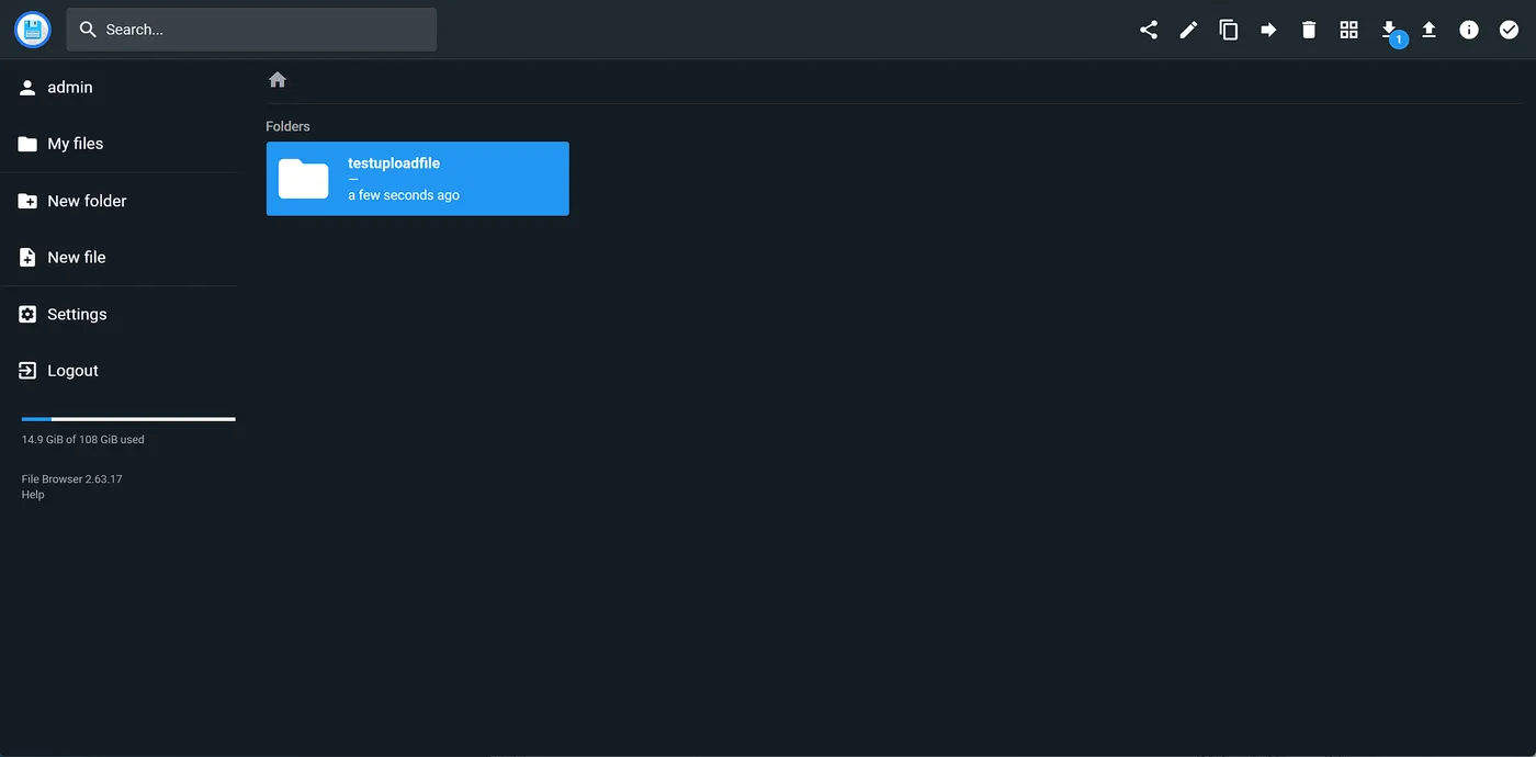 File Browser 根目录：Folders 区域显示 testuploadfile 文件夹