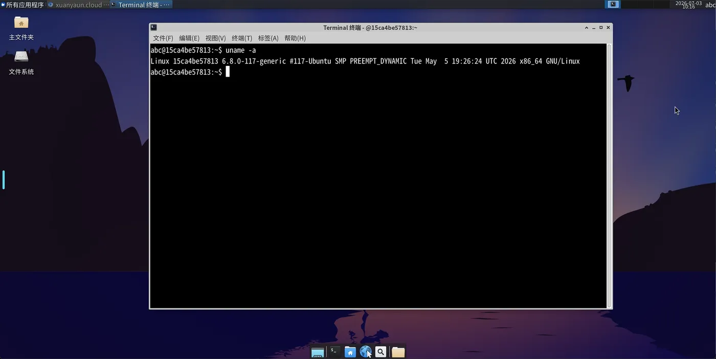 终端执行 uname -a:容器内 Ubuntu x86_64