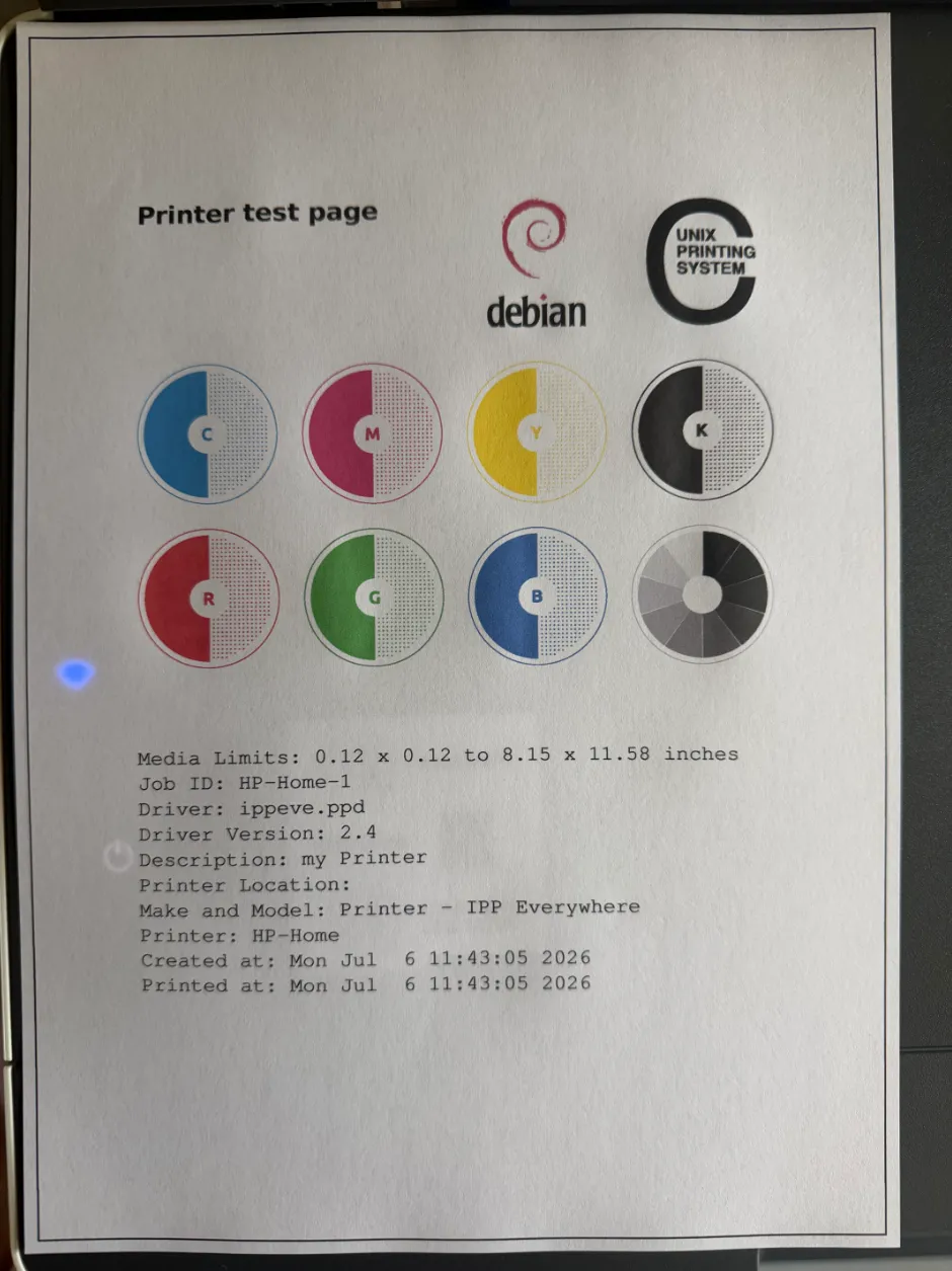 物理测试页:Printer test page,Job ID HP-Home-1,Driver ippeve.ppd