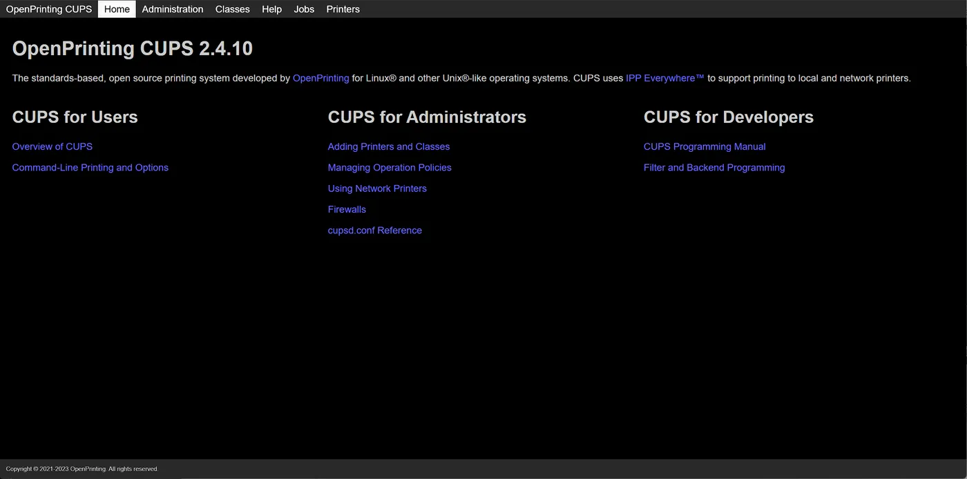 OpenPrinting CUPS 2.4.10 首页:导航含 Home / Administration / Printers