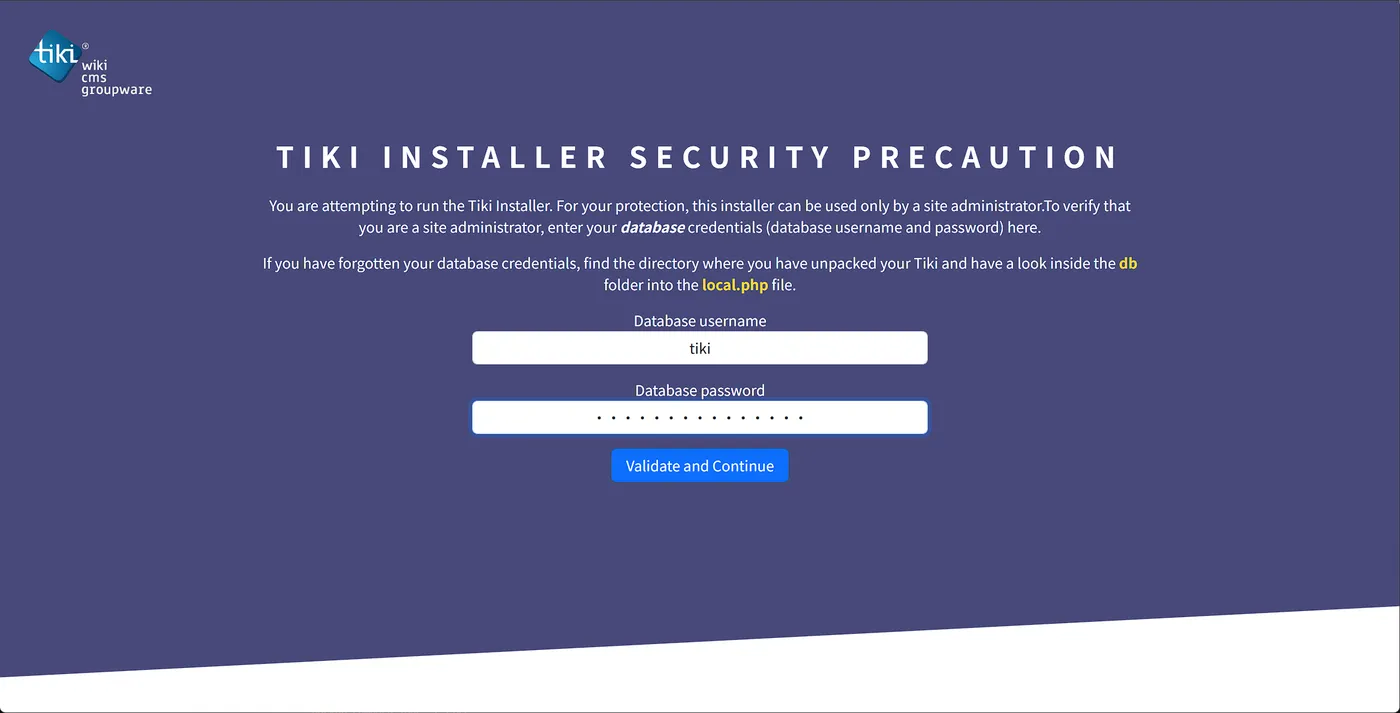 Tiki 安装向导 Security Precaution 页：填写数据库用户名 tiki 与密码
