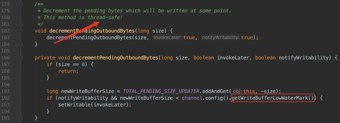 ChannelOutboundBuffer#decrementPendingOutboundBytes(long size, boolean invokeLater, boolean notifyWritability)