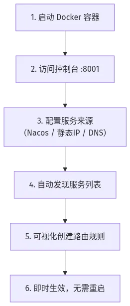Higress 控制台操作流程：Docker 一键启动 → 访问控制台 → 配置服务来源 → 自动发现 → 可视化路由 → 即时生效