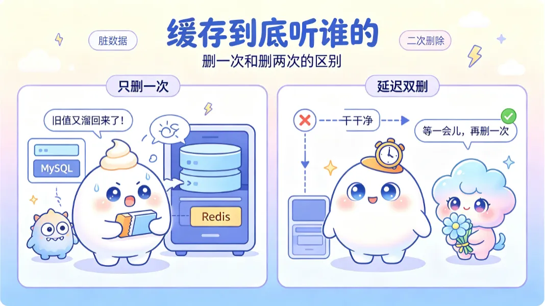 删一次，旧值趁虚而入；删两次，缓存才干净