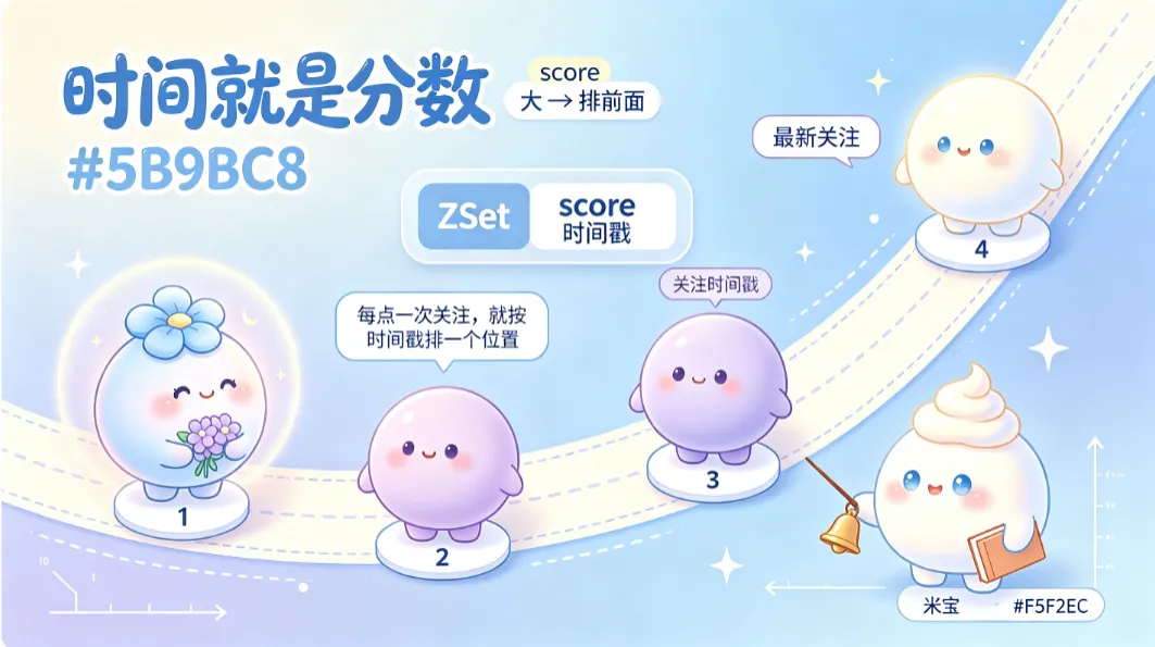 ZSet 里 score 是排序轨道，时间戳当 score 就能按时间查