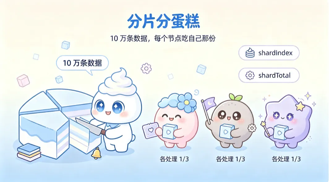 分片广播 = 把 10 万条数据平均分给 N 个执行器，各干各的