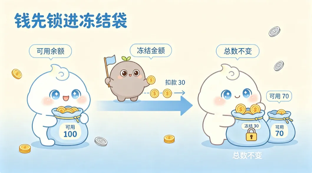 扣款不直接扣，先锁进冻结口袋，总余额保持不变