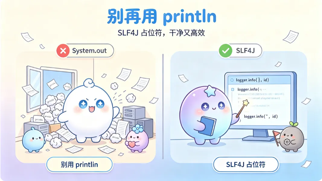 System.out 的纸屑堆满机房，SLF4J 的日志干净一行。