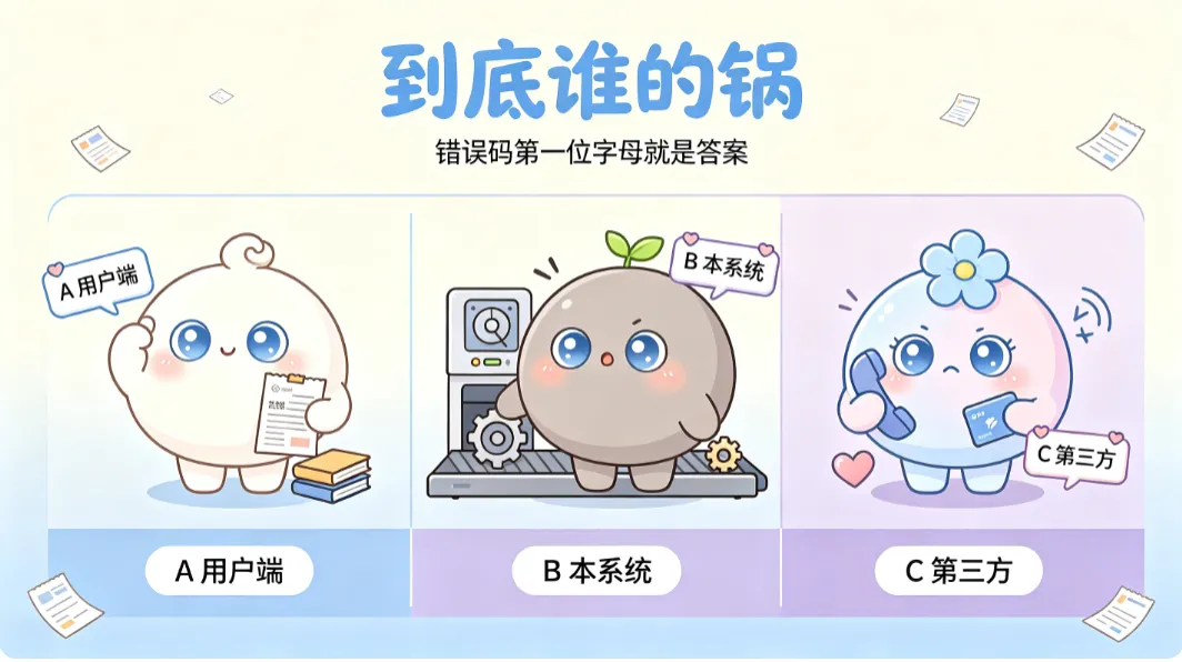 错误码第一位字母就是"甩锅对象"——A 用户、B 本系统、C 第三方。