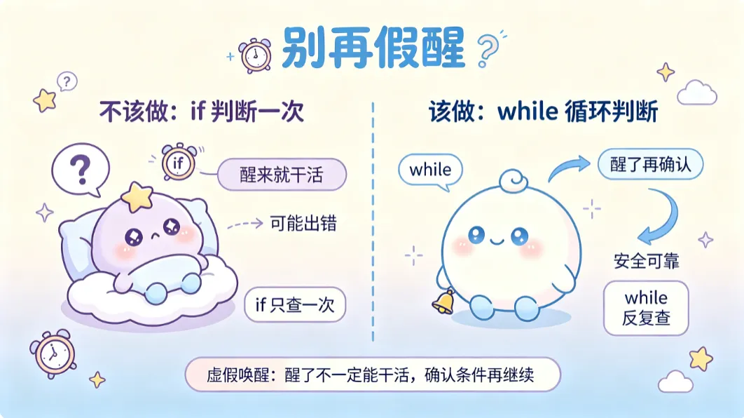 if 判断一次容易翻车,while 醒来再确认一遍才安全