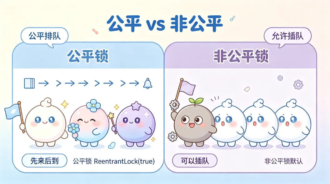 默认非公平锁能插队,公平锁要排队,吞吐量各有利弊