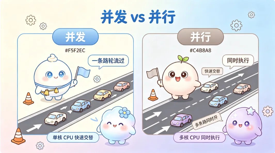 并发靠 CPU 快速交替,并行靠多核同时跑