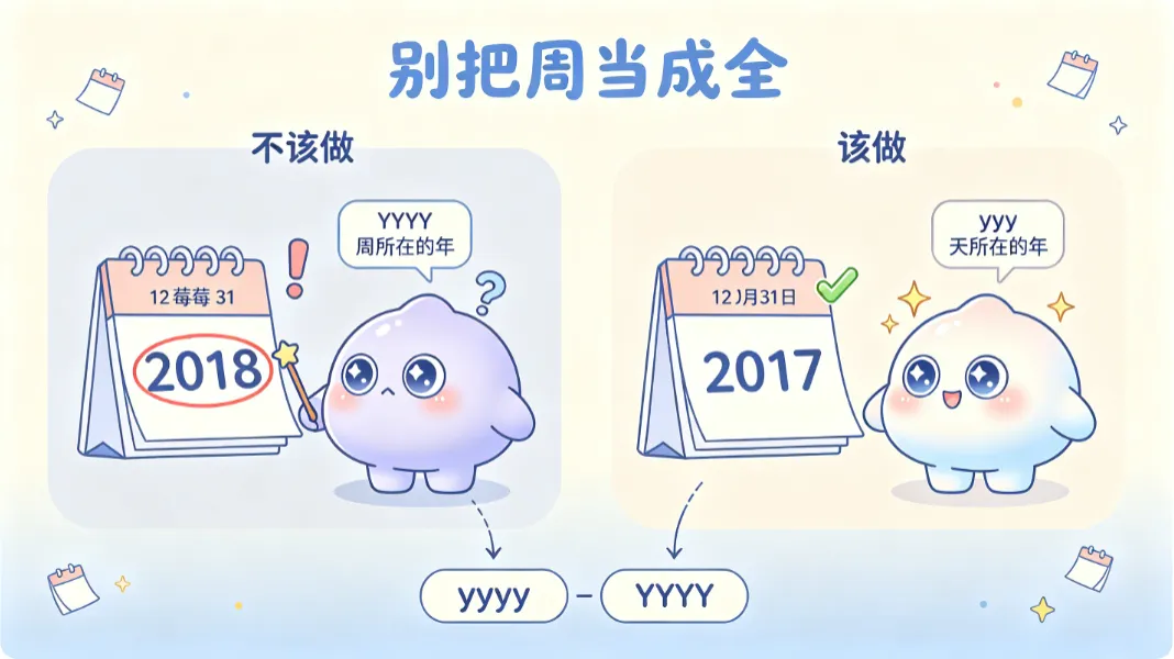 YYYY 是"这一周属于哪一年"，跨年那一周最容易中招