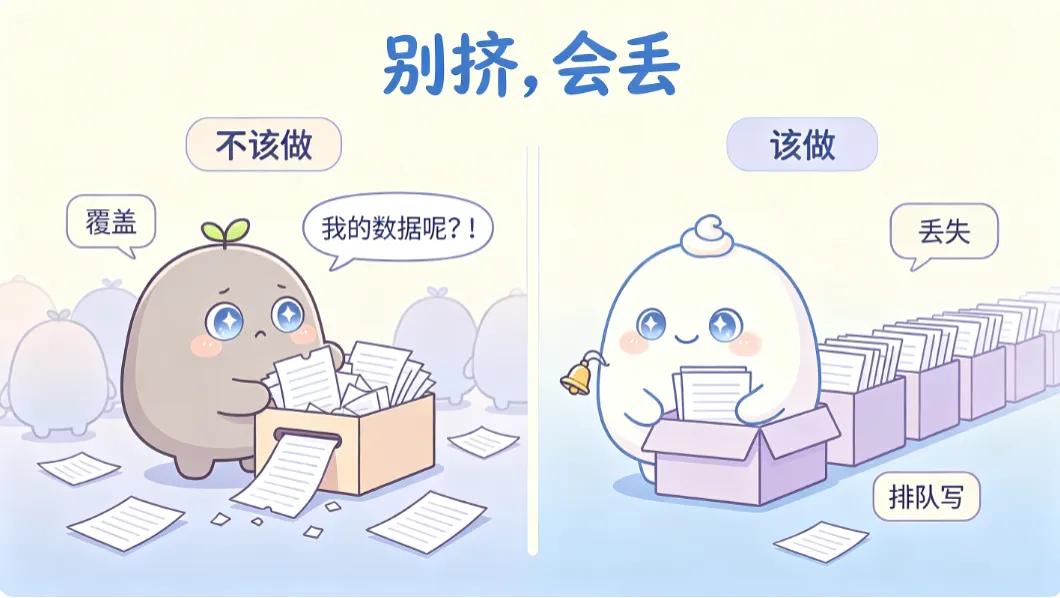 并发写普通集合，就像几个人同时抢着塞一个箱子——总有人被挤掉