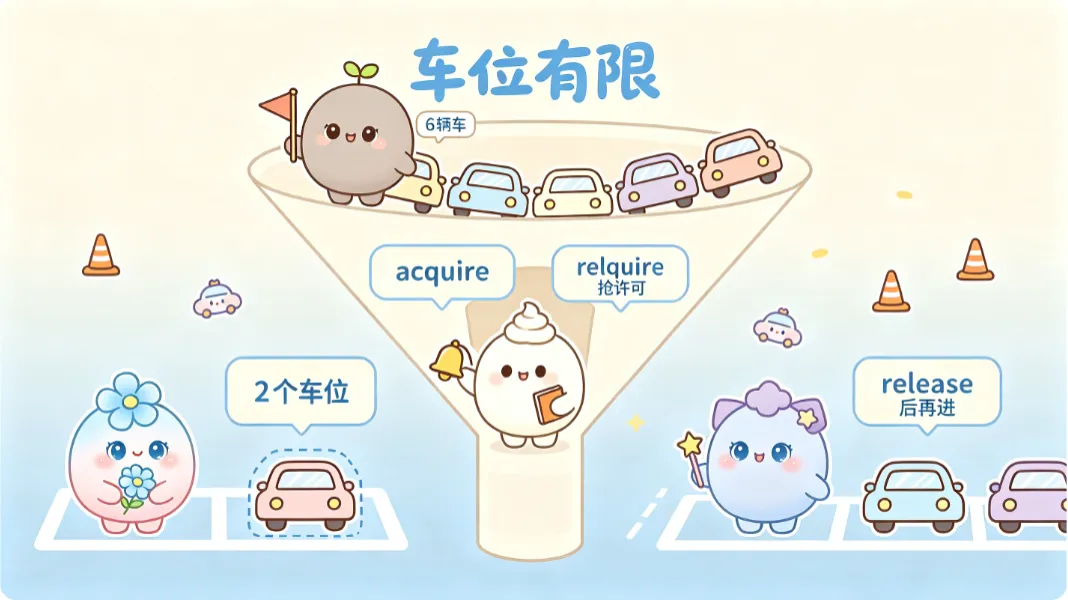 Semaphore 用固定许可数限流，2 个车位放行 2 辆车。
