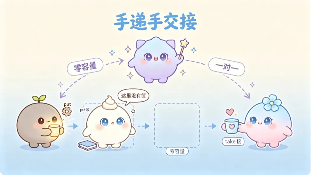 零容量的队列，put 和 take 必须同时在线，中间没有缓冲。