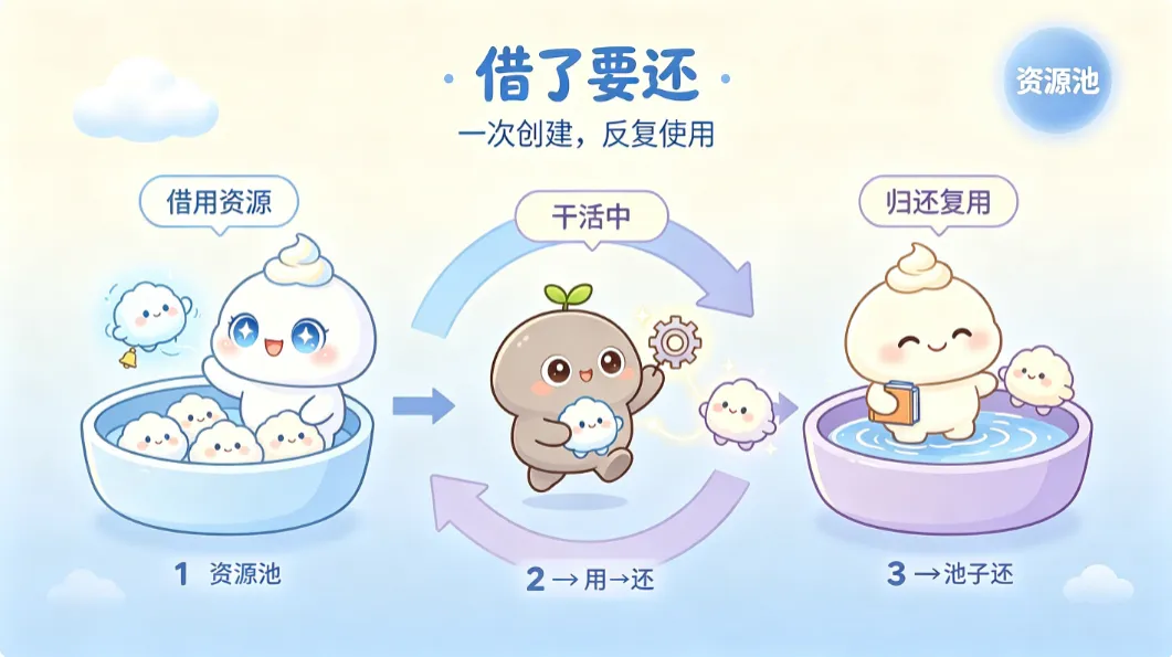 资源用之前借、用完还，循环往复，这就是池化