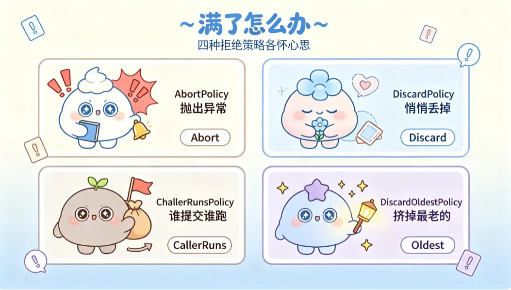 Abort 吼一声、CallerRuns 自己扛、Discard 假装无事、Oldest 挤掉最老的