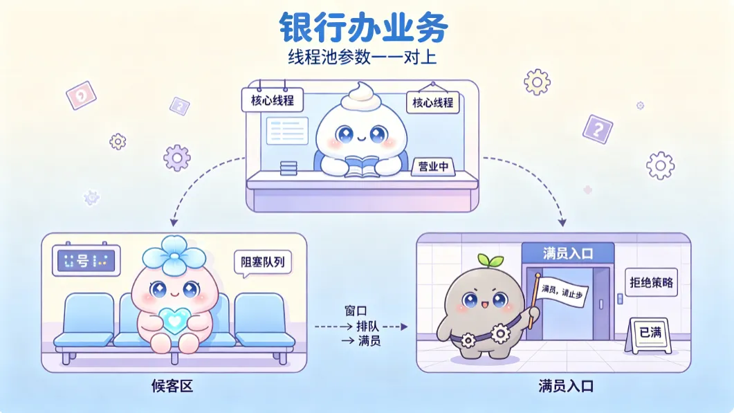 窗口是核心线程、候客区是阻塞队列、满员是拒绝策略
