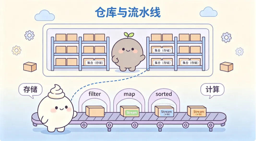 集合是仓库只管存，Stream 是传送带负责算。