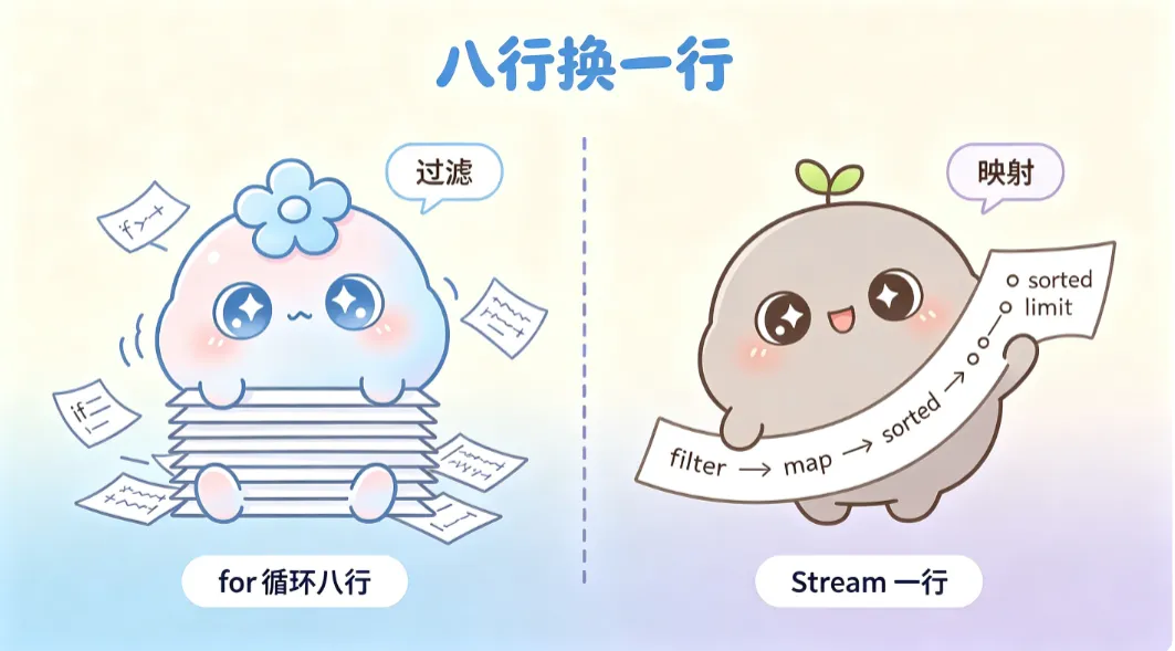 同样的活儿，for 循环要写一整页，Stream 一句话点齐。