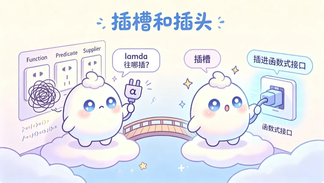 函数式接口就是预挖好的插槽，lambda 是对号入座的插头。