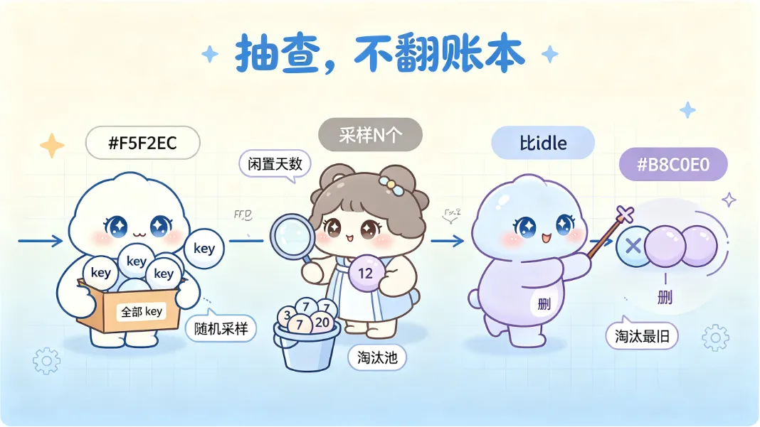 抽查几个，谁最久没被访问就删谁。