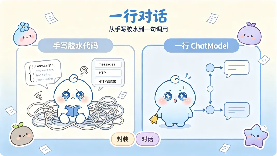 左边是手写胶水的凌乱，右边是 ChatModel 一句调用的清爽
