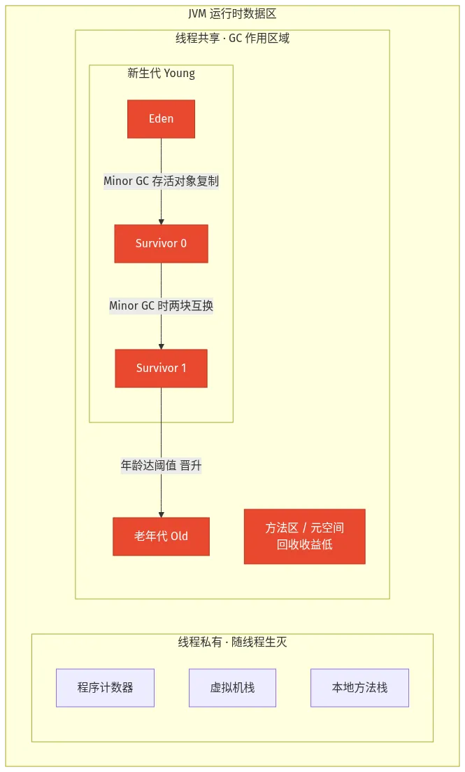 JVM 垃圾回收作用区域示意图：运行时数据区里只有堆和方法区归 GC 管，标出 Eden、Survivor 与老年代之间的对象晋升路径