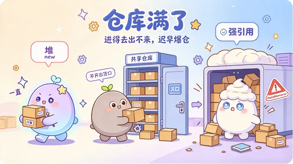 `loadedPages` 一直强引用着每一页，GC 一个都回收不掉——仓库的出货口是锁着的 