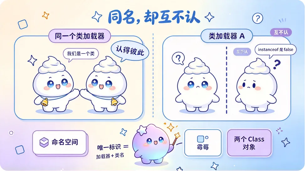 两边长得一模一样、字节码逐字节相同，但只要是被不同类加载器加载的，在 JVM 眼里就是两个类。