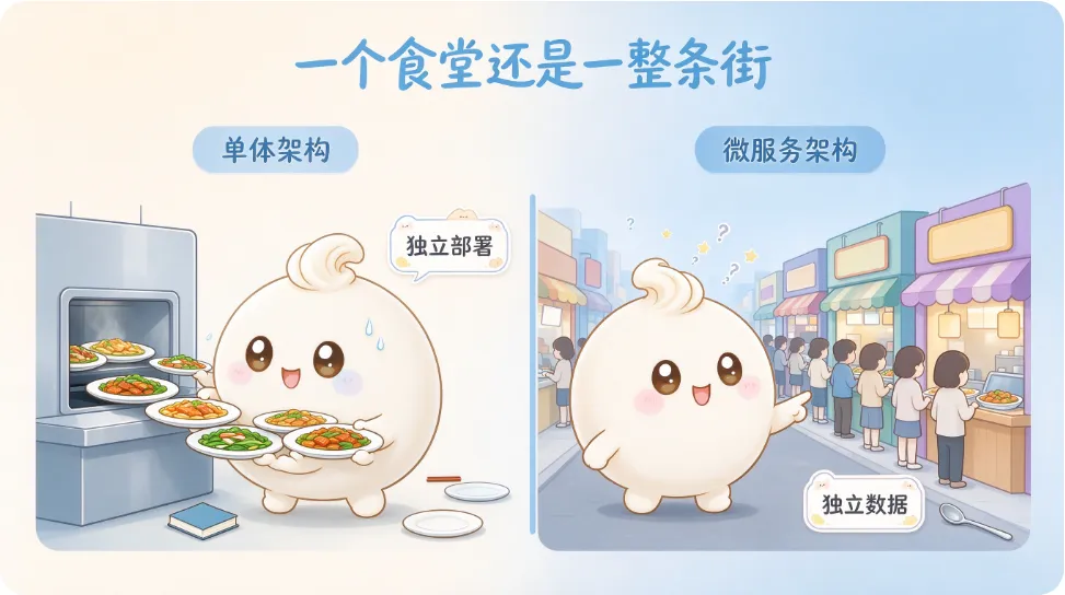 左边是一个窗口出所有菜，右边是每家店只管自己那道菜——微服务拆的是边界，不是数量。