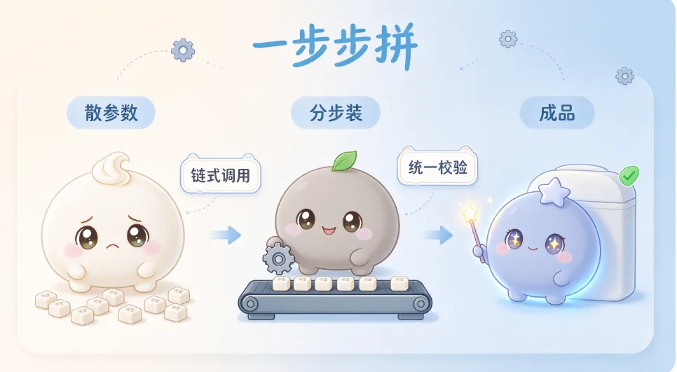 参数越多越该分步拼，`build()` 那一步顺手把非法组合挡在门外 