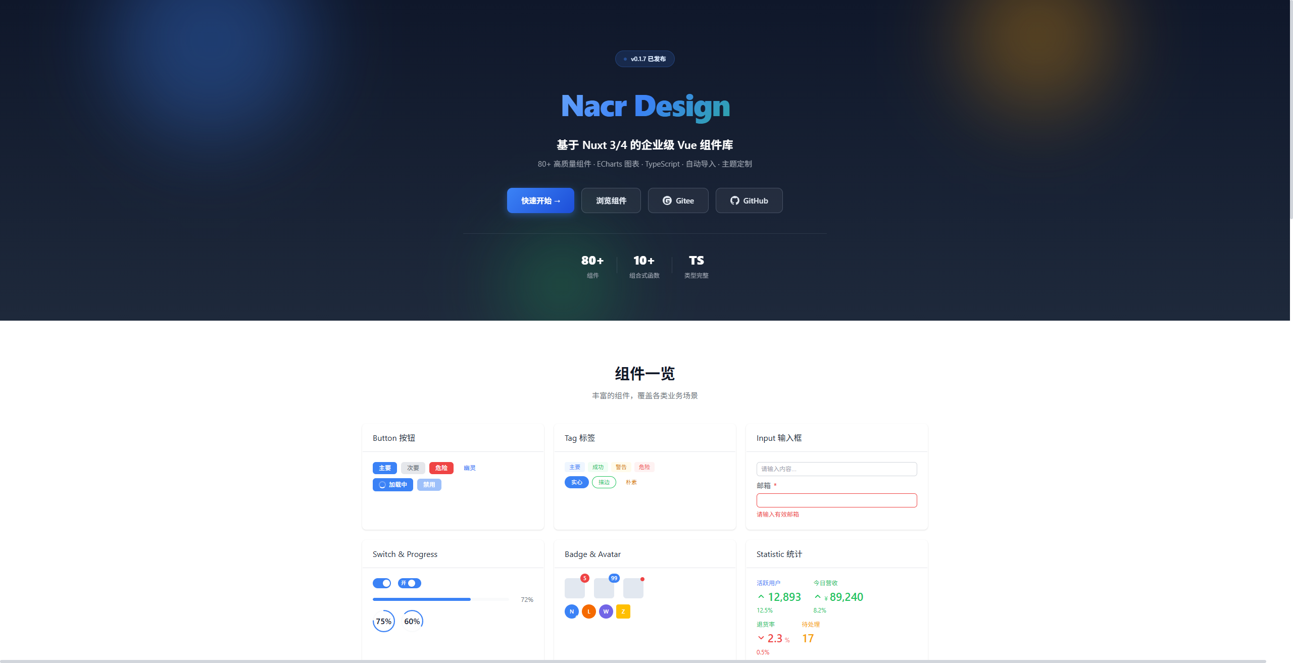Nacr Design — Nuxt 3/4 企业级 Vue 组件库，80+ 组件开箱即用