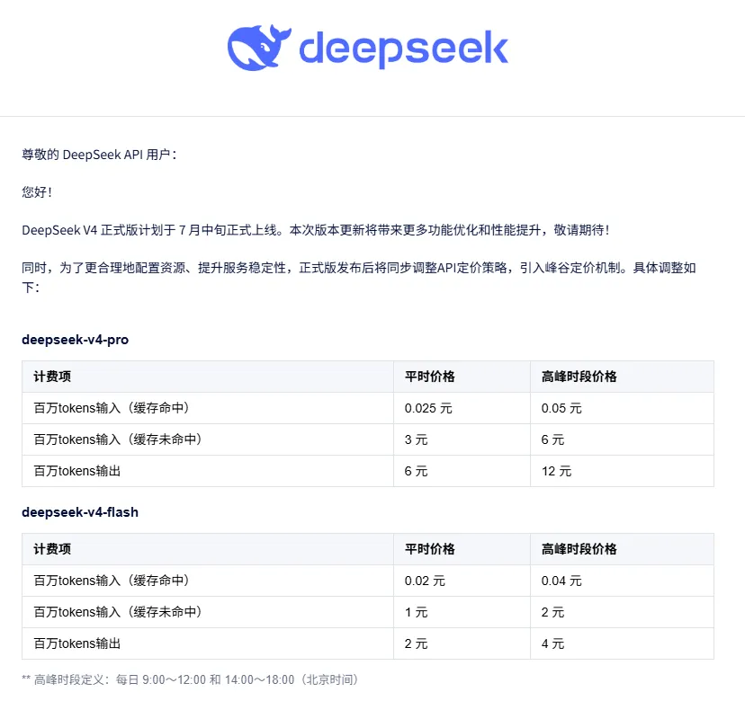 DeepSeek V4 正式版峰谷定价规则：高峰时段 2 倍价格、非高峰维持原价