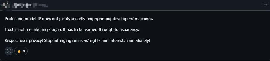 Claude Code 官方 GitHub 社区开发者抗议 issue 截图：呼吁尊重用户隐私、停止侵犯用户权利