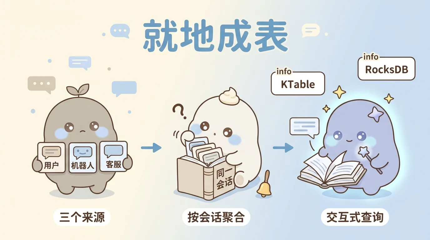会话消息按 sessionId 聚合成 KTable 记忆表的卡通示意图：就地成表